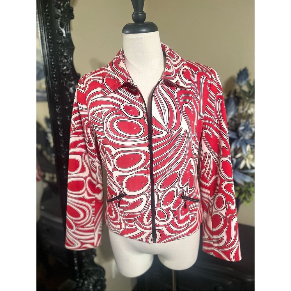 Lorizoni Retro Mod Jacket Women’s XS Red White Swirl Print Rhinestone Zip Blazer
